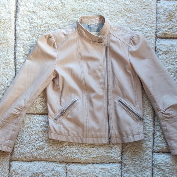 Rebecca Taylor lamb leather cropped moto jacket in nude pink - Picture 4 of 8